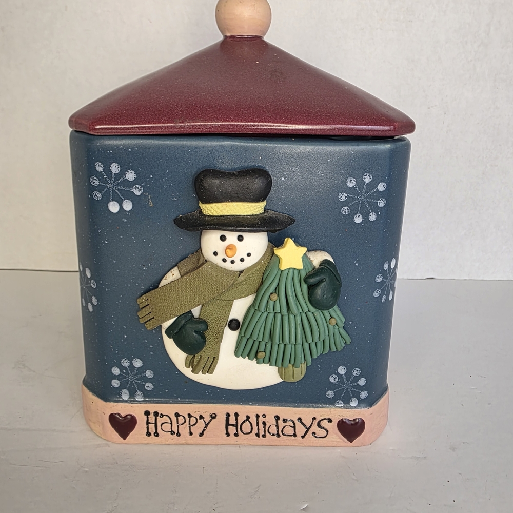Blue Snowman Holiday Ceramic Canister with Maroon Lid